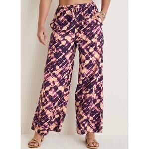 NEW Purple Printed Wide Leg Pants Plus size 2X Cotton Linen Summer Lounge Beach